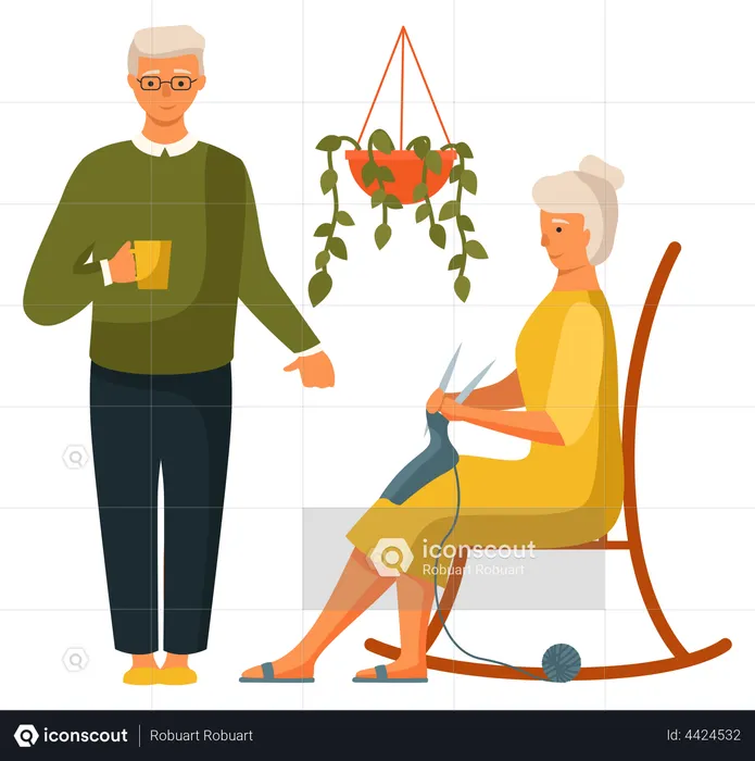 Elderly man with cup and woman is knitting a scarf sitting on the chair Illustration
