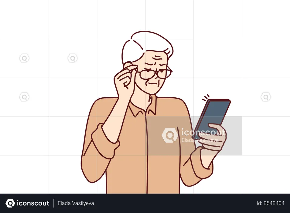 Elderly man with poor eyesight squint looking at screen of mobile phone to read SMS  Illustration