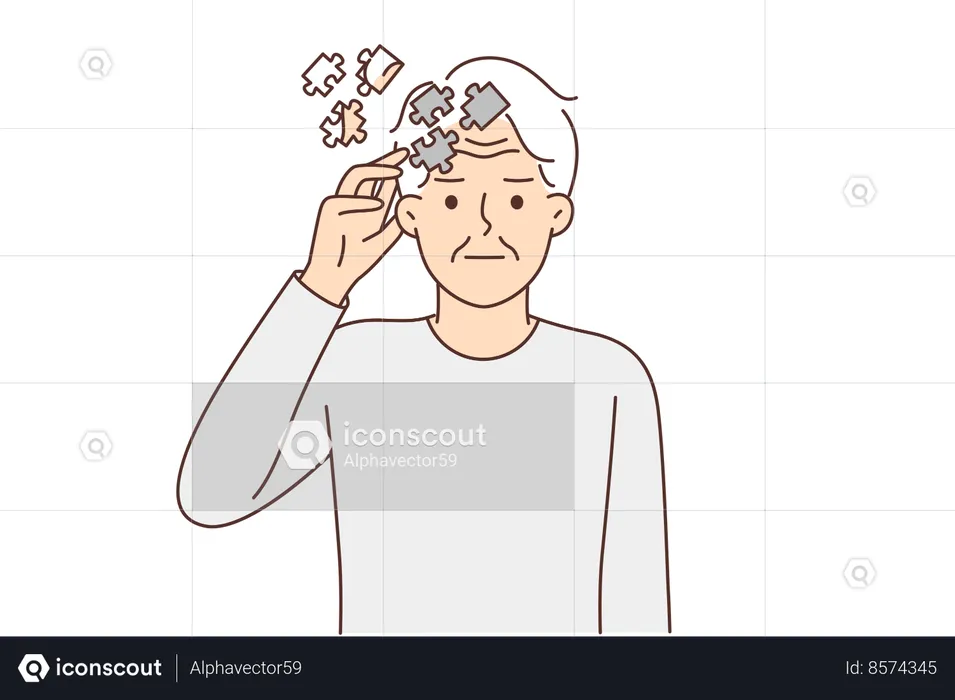 Elderly man with puzzles near head  Illustration