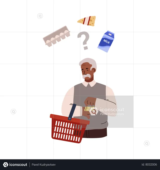 Elderly man with red shopping basket counting coins in hand  Illustration