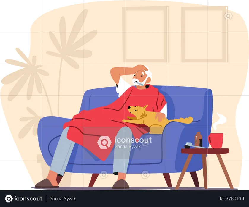 Elderly Man with Thermometer in Mouth Sitting on Sofa Covered with Blanket  Illustration