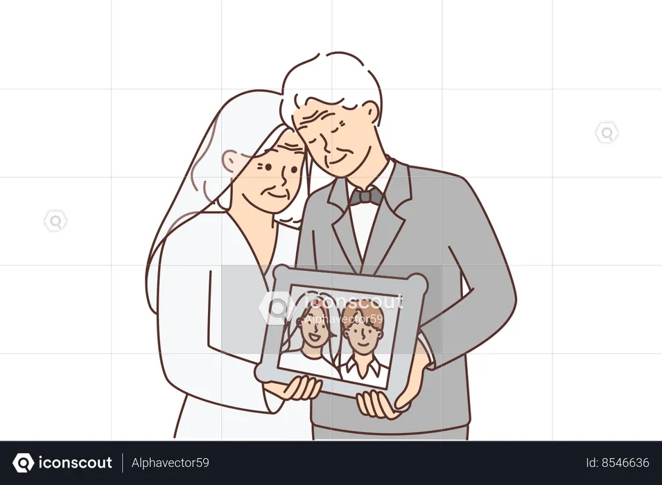 Elderly men and woman in wedding clothes hold portrait of young couple from marriage ceremony  Illustration
