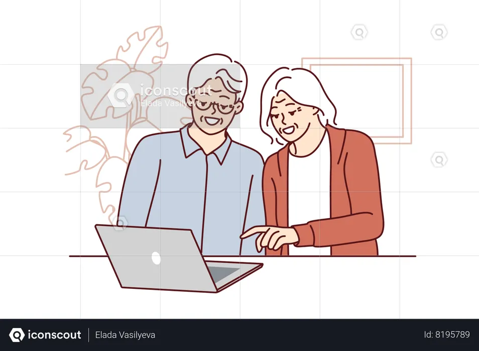 Elderly men and women are sitting at table with laptop learning how to handle modern technology  Illustration