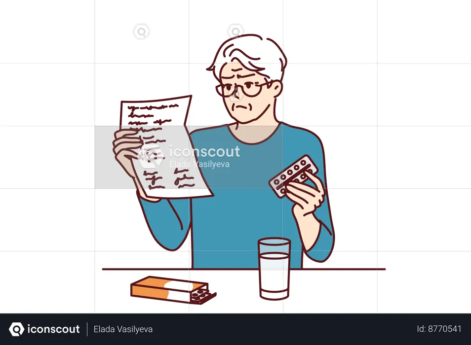 Elderly old man takes medicines according to prescription  Illustration