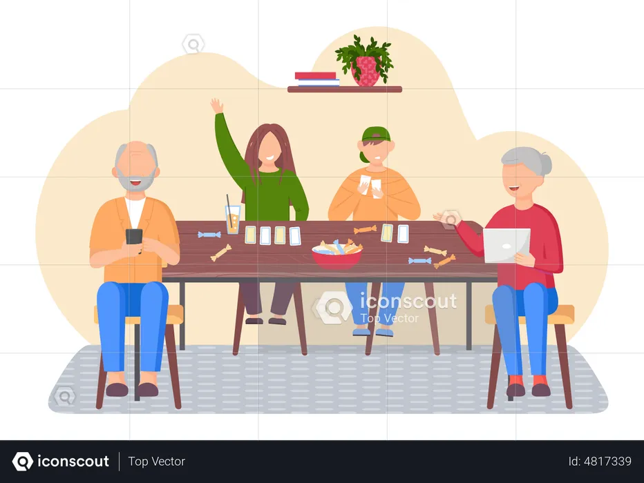 Elderly parents are using technology while playing board game at home with their children  Illustration
