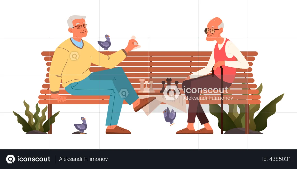 Elderly people playing chess in park  Illustration