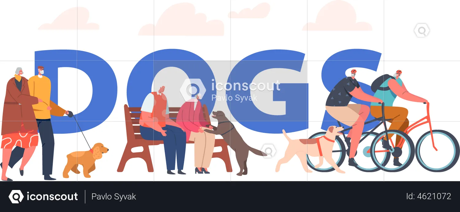 Elderly People spending time with Dog in Park  Illustration