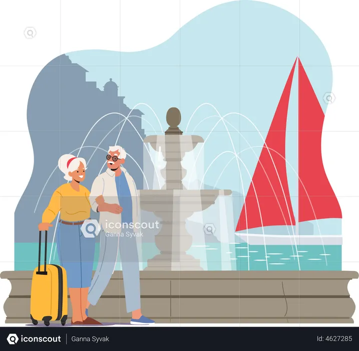 Elderly People Traveling in Foreign Country  Illustration