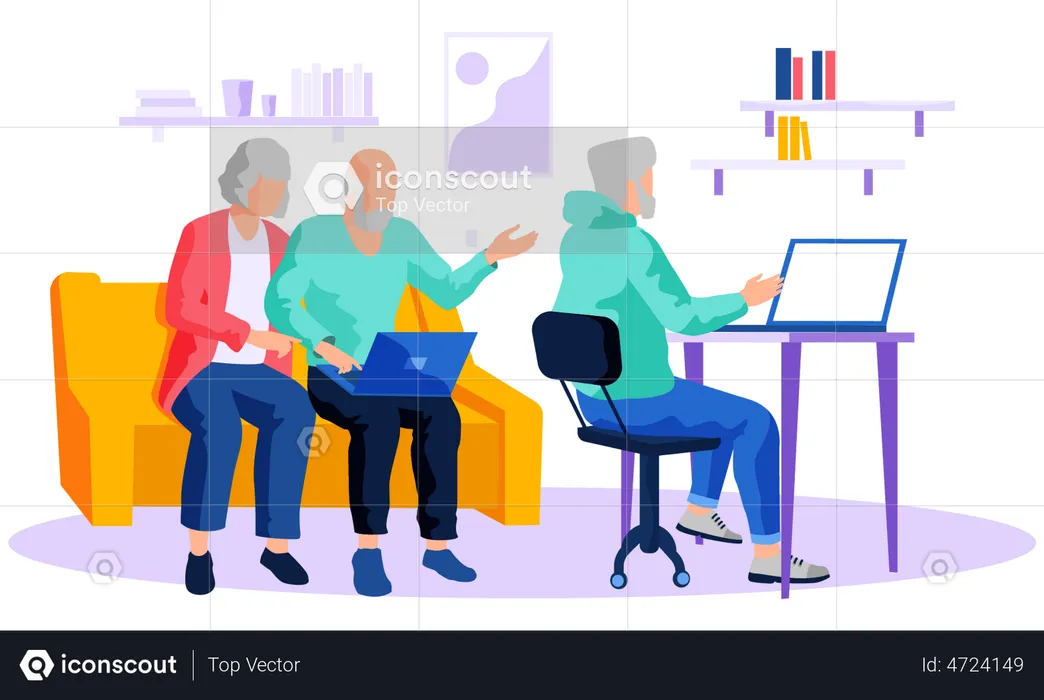 Elderly people working on laptop  Illustration