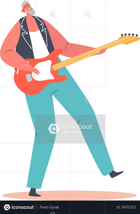 Elderly Rock Guitarist Playing on Electric Guitar during Punk Festival  Illustration