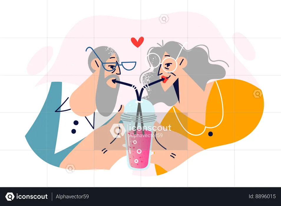 Elderly romantic couple drinks cocktail from straws in one glass showing love and affection  Illustration
