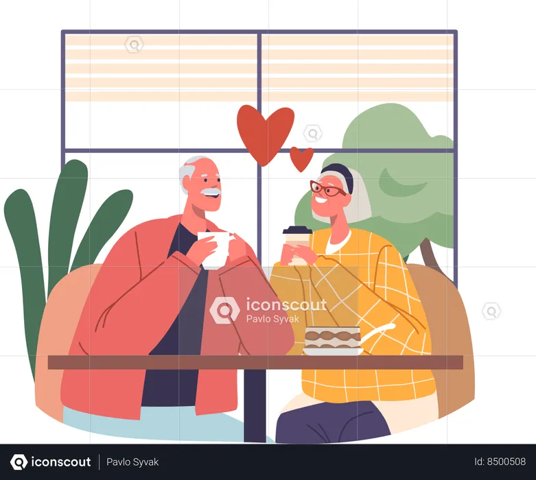 Elderly Romantic Couple Shares Laughter Over Steaming Cups Of Coffee  Illustration
