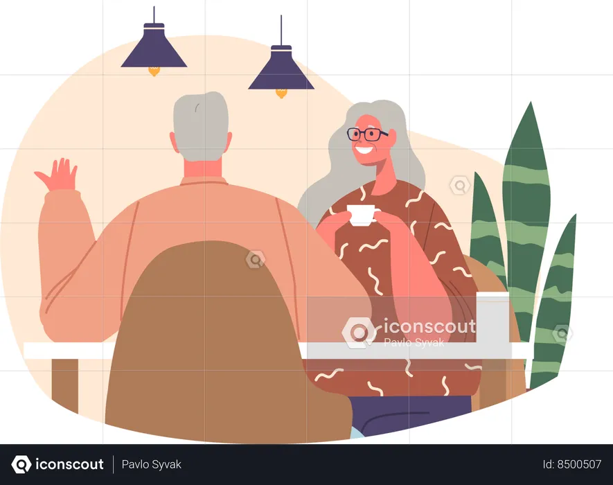 Elderly Romantic Couple Shares Tender Moments In A Cozy Cafe  Illustration