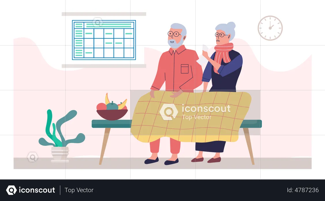 Elderly sick couple sitting on bench with fruit basket  Illustration