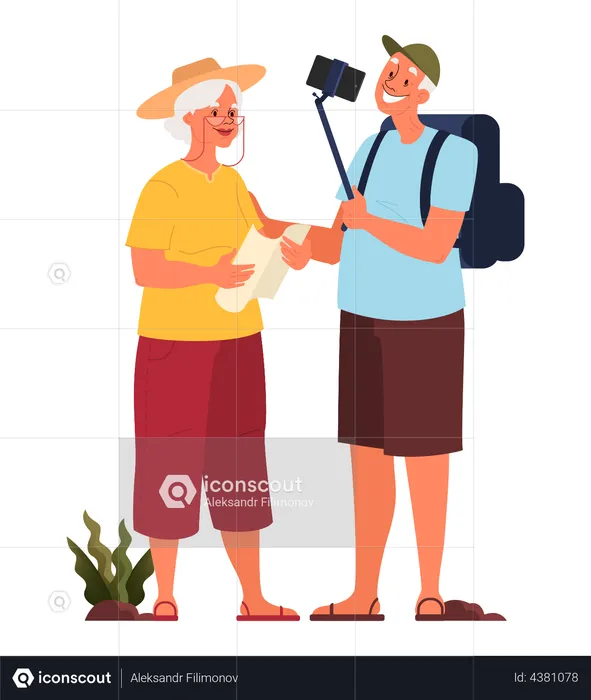 Elderly tourist taking selfie  Illustration