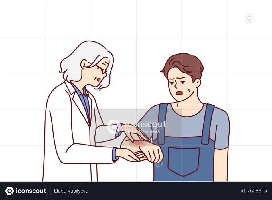 Elderly woman checking red rashes on hand  Illustration