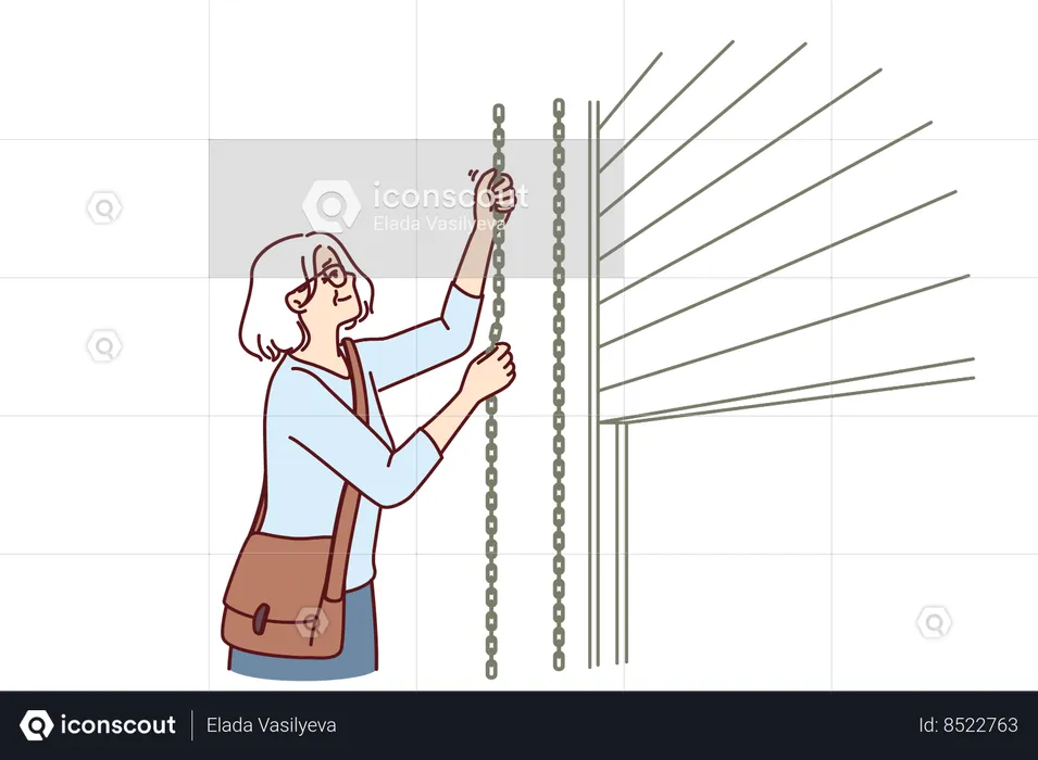 Elderly woman closes shop after end of working hours  Illustration