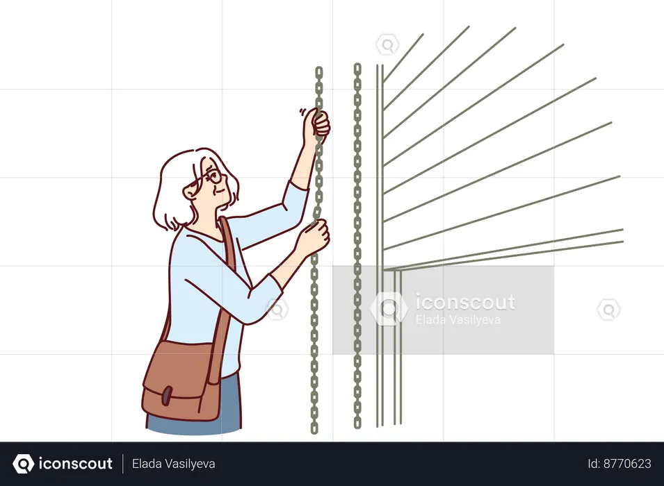 Elderly woman closes shop curtains  Illustration
