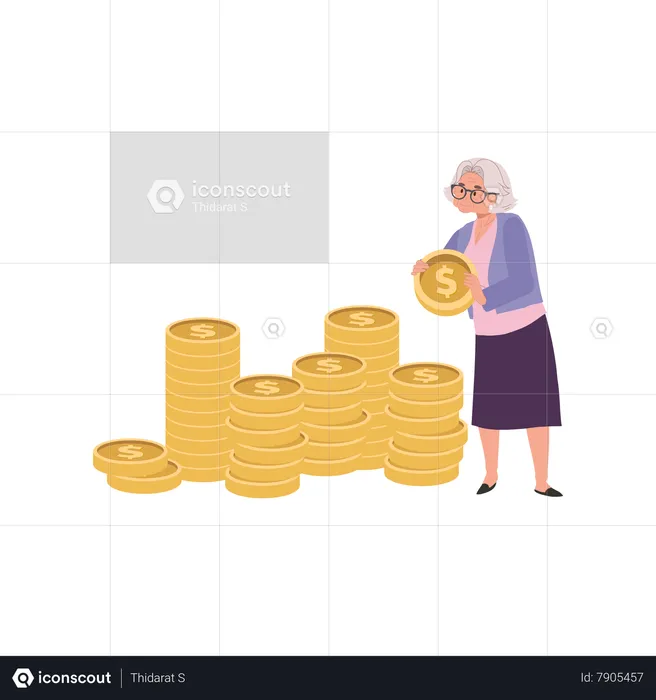 Elderly Woman Creating a Coin Stack for Savings and Retirement  Illustration