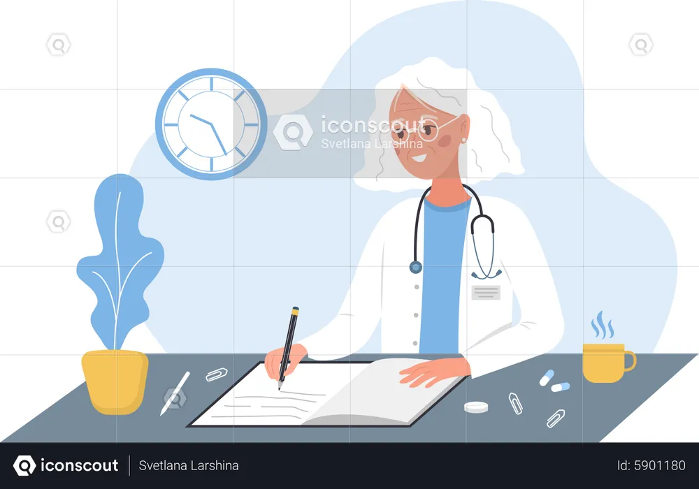 Elderly woman doctor writing medical prescription  Illustration