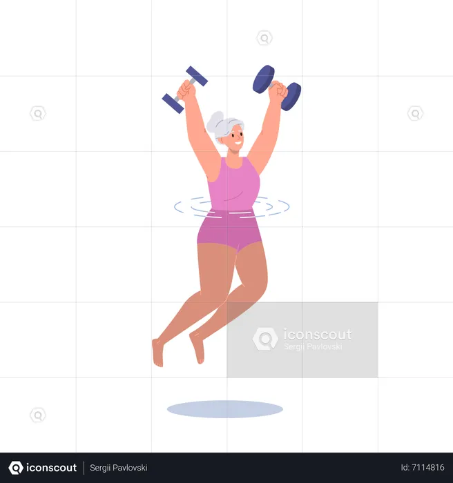 Elderly Woman Doing Aqua Exercise With Dumbbells In Pool  Illustration
