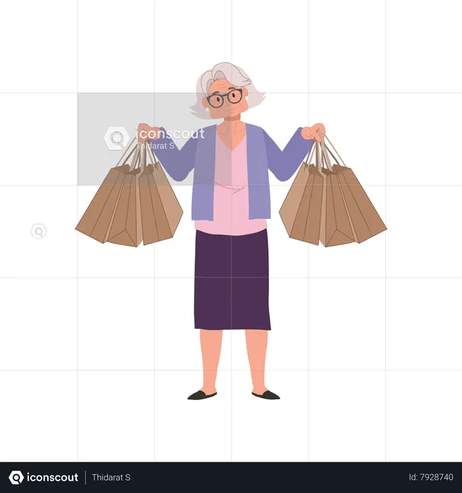 Elderly Woman Enjoying Shopping with Shopping Bags  Illustration