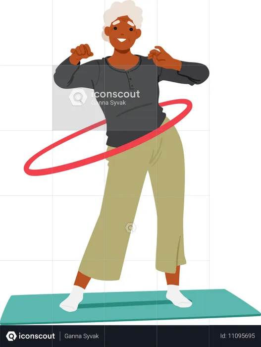 Elderly Woman Gracefully Hula Hooping On Yoga Mat  Illustration