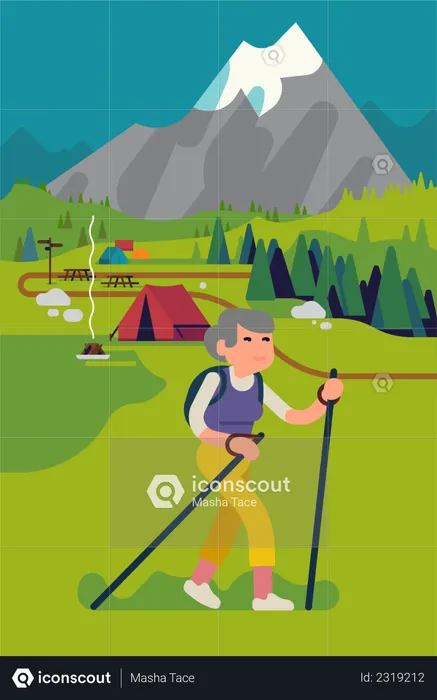 Elderly woman hiking or trekking in mountain  Illustration