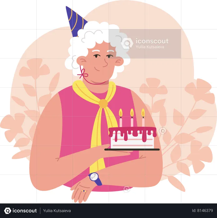 Elderly woman holding cake with birthday candles  Illustration