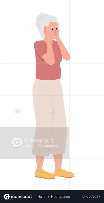 Elderly woman holding head in panic  Illustration