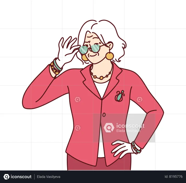 Elderly woman in elegant suit for going dinner party adjusts glasses in front of eyes  Illustration