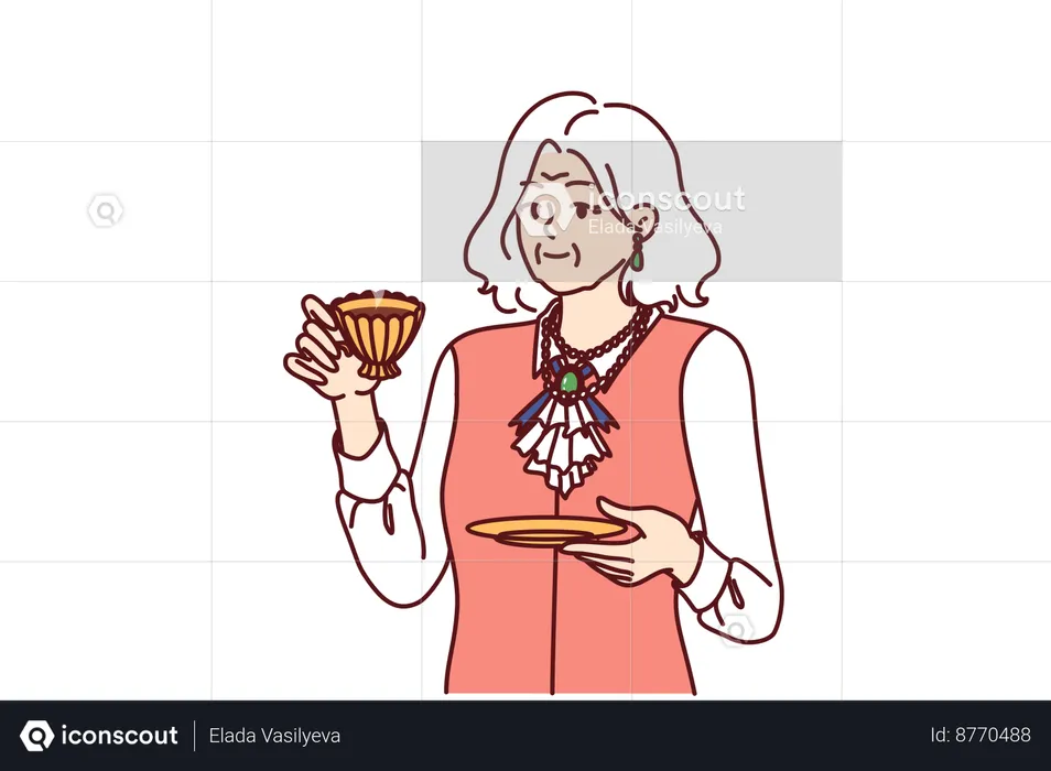 Elderly woman is enjoying her hot tea in golden cup  Illustration