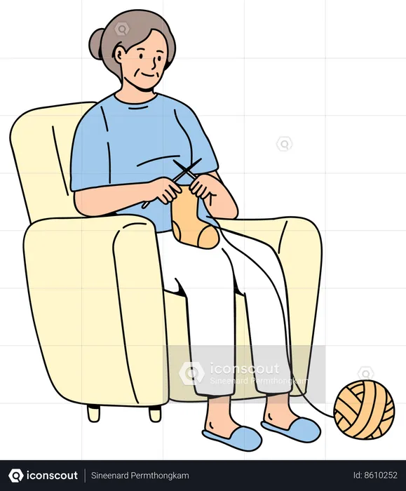 Elderly Woman Knitting  Illustration
