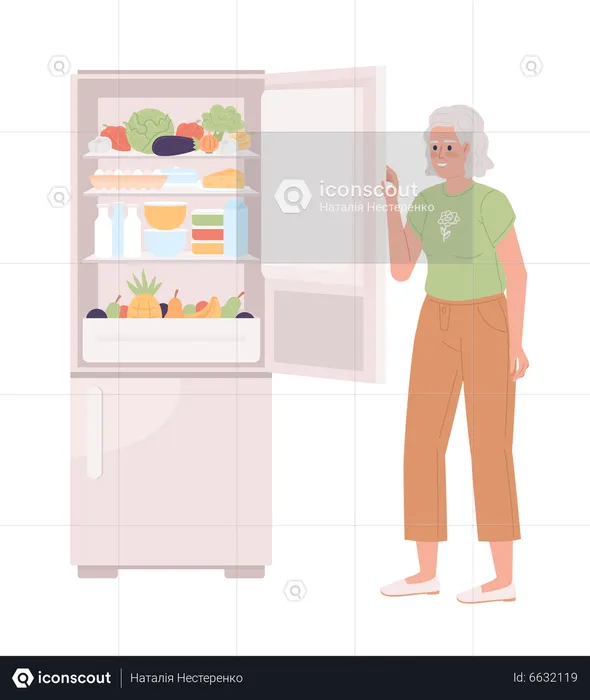 Elderly woman opening fridge door  Illustration