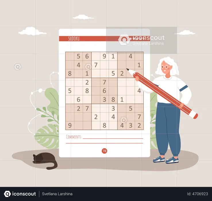 Elderly woman playing Sudoku game  Illustration