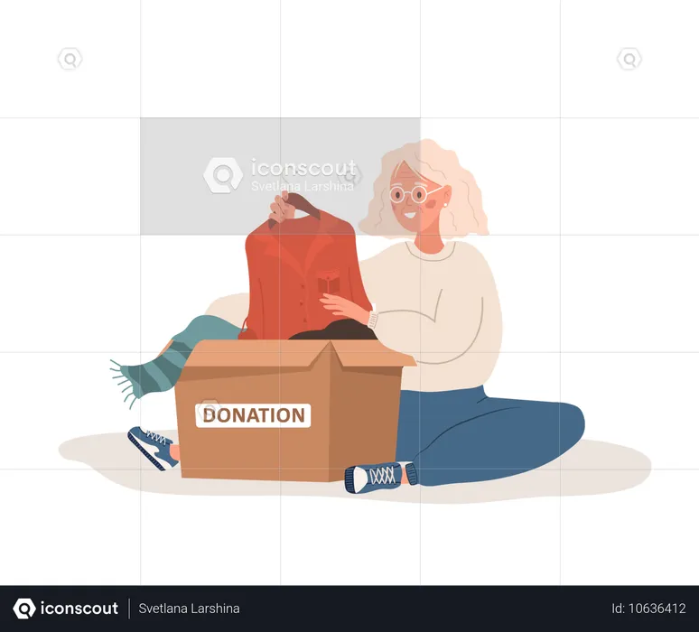 Elderly woman putting old used clothes ready to be shared or recycled to cardboard box  Illustration