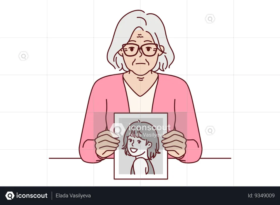 Elderly woman remembers youth showing portrait from past and looks at screen with slight sadness  Illustration