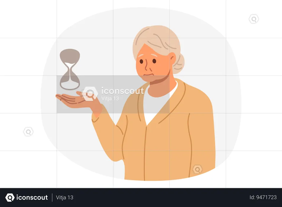 Elderly woman senses approaching death stands with hourglass and needs help from senile depression  Illustration