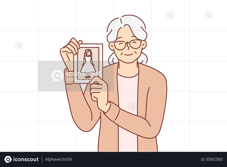 Elderly woman shows photo of little girl and smiles  Illustration