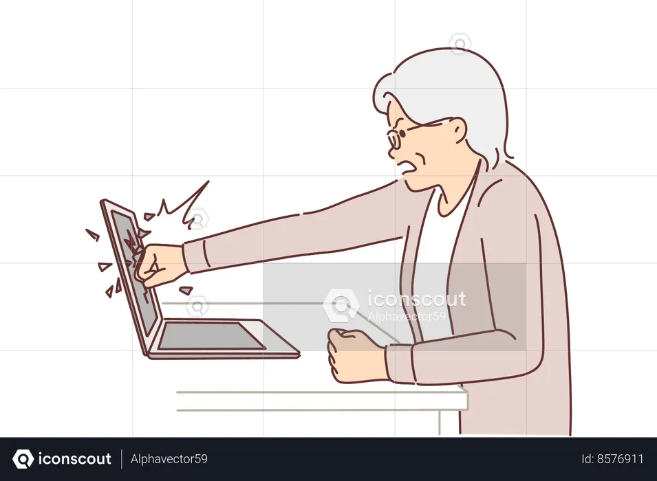 Elderly woman smashes laptop screen by punching it because bad news  Illustration