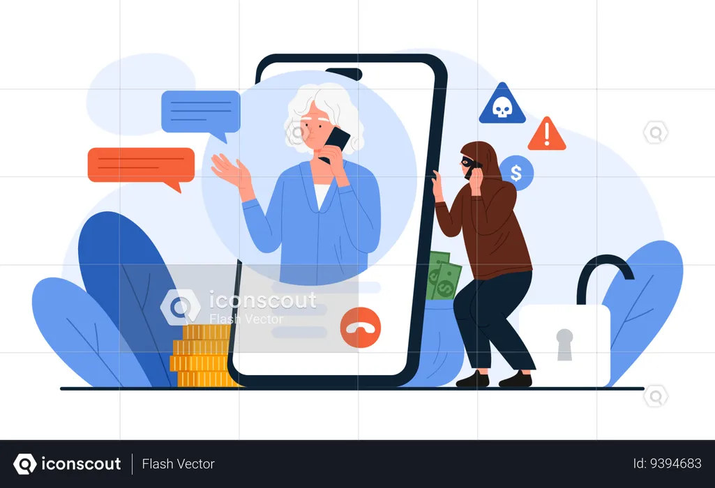 Elderly woman talking to scammer on mobile phone  Illustration