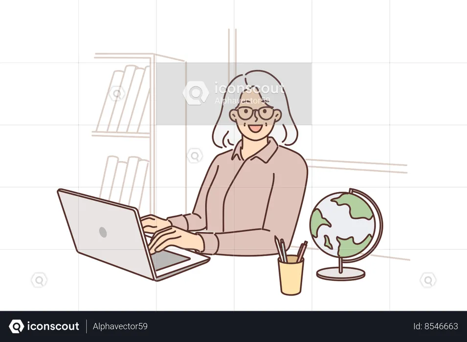 Elderly woman teacher uses laptop sitting at table with globe and teaching students via internet  Illustration