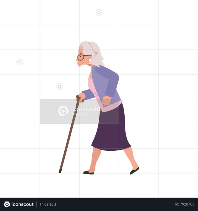 Elderly woman Walking with cane Stick  Illustration
