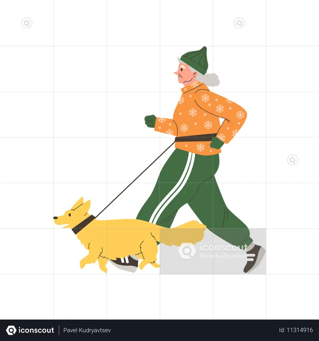 Elderly woman walking with dog  Illustration