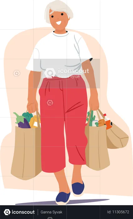 Elderly woman walking with groceries purchases in paper shopping bags  Illustration