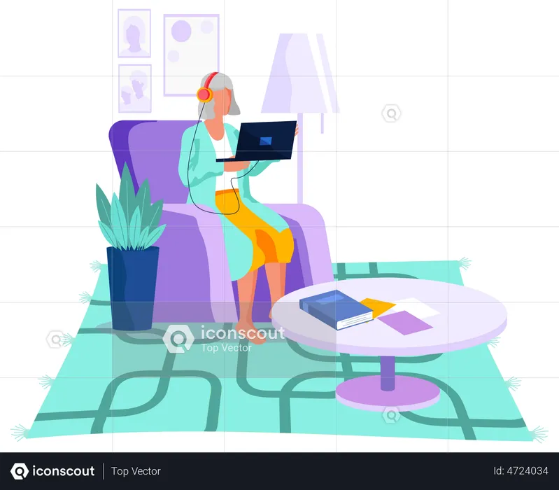 Elderly woman watching movie on laptop  Illustration