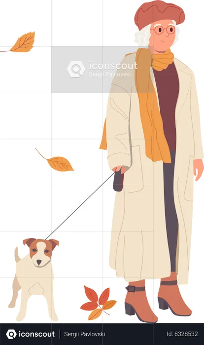 Elderly woman wearing warm fashion clothes walking dog through autumn street  Illustration