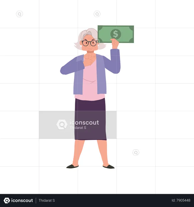 Elderly Woman with Big Money Note Showing Prosperity and Financial Confidence  Illustration