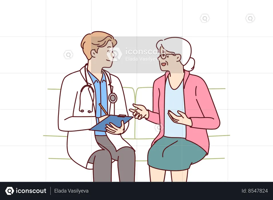 Elderly woman with doctor sit on couch complaining to hospital employee about health problems  Illustration