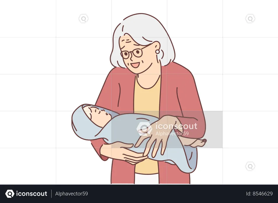 Elderly woman with newborn grandson smiles rejoicing at birth of new family member  Illustration